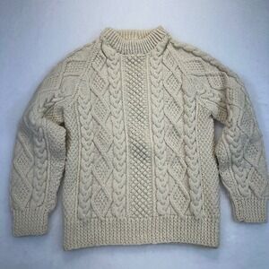 Barnas-Mor Hand Knit Donegal Ireland Aran Wool Sweater Cream Cable Knit Small